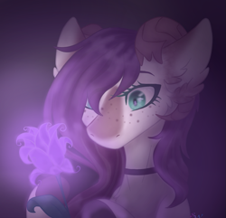 Size: 1017x980 | Tagged: safe, artist:brendalobinha, oc, oc only, oc:anthea, earth pony, pony, bust, dark background, ear fluff, female, flower, freckles, glow, mare, purple background, simple background, solo