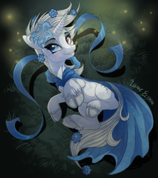 Size: 800x899 | Tagged: safe, artist:a-lunar-eclipse, oc, firefly (insect), insect, pony, unicorn, blue, clothes, cloven hooves, dress, eclipse, gown, heterochromia, lunar, on back, ribbon, white