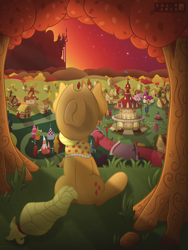 Size: 4000x5333 | Tagged: safe, alternate version, artist:sol-r, applejack, earth pony, pony, the last problem, absurd resolution, canterlot, clothes, end of ponies, facing away, granny smith's scarf, older, older applejack, ponyville, ponyville town hall, rear view, scarf, sitting, solo, tree, windmill