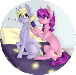 Size: 914x898 | Tagged: safe, artist:sychia, dinky hooves, lily longsocks, earth pony, pony, unicorn, bed, circle, comb, cute, dinkabetes, dinkily, duo, female, lesbian, mare, older, pillow, raised hoof, shipping, simple background, sitting, transparent background