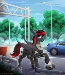 Size: 1280x1479 | Tagged: safe, artist:strafe blitz, oc, oc only, bat pony, pony, akm, bat pony oc, bat wings, car, escape from tarkov, gun, helmet, solo, weapon, wings