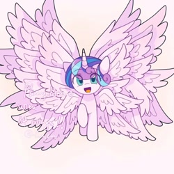 Size: 1024x1024 | Tagged: safe, artist:twily27889053, princess flurry heart, alicorn, pony, seraph, seraphicorn, eye clipping through hair, female, filly, gradient background, multiple wings, one hoof raised, solo, wings