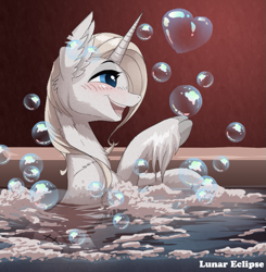 Size: 689x703 | Tagged: safe, artist:a-lunar-eclipse, oc, oc only, oc:lunar eclipse, pony, unicorn, bathing, blushing, bubble, cloven hooves, female, heart, mare, open mouth, open smile, smiling, solo, suds, unshorn fetlocks, water