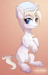 Size: 559x881 | Tagged: safe, artist:a-lunar-eclipse, oc, oc:lunar eclipse, unicorn, beanie, eclipse, hat, heterochromia, lunar, white