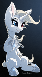 Size: 600x1107 | Tagged: safe, artist:a-lunar-eclipse, oc, oc only, unicorn, eclipse, heterochromia, hoof shoes, lunar, needle, simple background, sitting, solo, white
