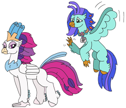 Size: 2347x2017 | Tagged: safe, artist:supahdonarudo, queen novo, oc, oc:sea lilly, classical hippogriff, hippogriff, my little pony: the movie, camera, flying, jewelry, necklace, queen novo is not amused, simple background, story included, transparent background, waving