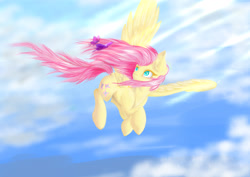 Size: 4092x2893 | Tagged: safe, artist:azzyalder, fluttershy, butterfly, pegasus, pony, female, flying, mare, sky, solo, spread wings, wings