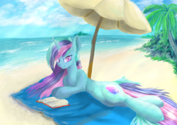 Size: 4092x2893 | Tagged: safe, artist:azzyalder, oc, oc only, unicorn, beach, book, ocean, palm tree, solo, tree, umbrella