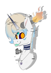 Size: 1404x1983 | Tagged: safe, artist:chazmazda, oc, oc only, oc:atlas, pony, blue eyes, bust, bust shot, coat markings, colored, commission, commissions open, digital art, error, fangs, fire, flat colors, flower necklace, glitch, gradient horn, gradient mane, head shot, horn, horns, jewelry, league of legends, name, necklace, orange eyes, ponysona, simple background, solo, sona, teeth, third eye, tongue out, transparent background, two tongues