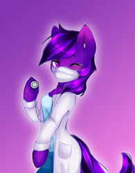 Size: 1620x2072 | Tagged: safe, artist:alsafi, oc, oc:kioshka, earth pony, pony, semi-anthro, clothes, doctor, one eye closed, solo, standing, suit