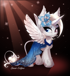 Size: 794x856 | Tagged: safe, artist:a lunar eclipse, artist:a-lunar-eclipse, oc, oc:lunar eclipse, alicorn, unicorn, blue dress, clothes, dress, eclipse, heterochromia, lunar, white