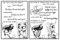 Size: 1024x693 | Tagged: safe, artist:chopsticks, pinkie pie, oc, oc:chopsticks, earth pony, pegasus, pony, comic:wtb is this?, alcohol, canon x oc, cheek fluff, chest fluff, comic, crying, cup, dialogue, ear fluff, fangs, female, floppy ears, glass, hat, hoof fluff, male, mare, negging, pinkamena diane pie, plant, stallion, stockholm syndrome, table, text, venus flytrap, wine, wine glass, wing hands, wings