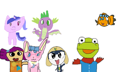 Size: 1074x626 | Tagged: safe, artist:1126jewel5, sea swirl, seafoam, spike, dinosaur, dragon, fish, pony, unicorn, 1000 hours in ms paint, aqua (jewelpet), clownfish, crong (pororo), crossover, disney, dolly (toy story 3), female, jewelpet, looking at you, luna (jewelpet), male, mare, pororo, quality, sanrio, sega, simple background, tamama, toy, toy story 3, waving, white background, winged spike