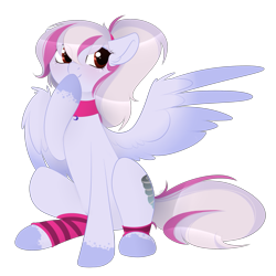 Size: 657x657 | Tagged: artist needed, safe, oc, oc only, oc:windbreaker, pegasus, pony, choker, female, hoof over mouth, leg warmers, mare, ponytail, simple background, sitting, solo, transparent background