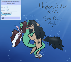 Size: 500x438 | Tagged: safe, artist:kaggy009, oc, oc only, oc:flintlock, oc:peppermint pattie (unicorn), merpony, pony, unicorn, ask peppermint pattie, female, kissing, mare, underwater