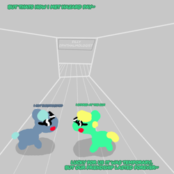 Size: 1000x1000 | Tagged: safe, artist:artdbait, oc, oc:goldy, oc:hazard pay, earth pony, series:goldy and hazard, asdfmovie, best friends, blue eyes, bonding, female, foal, green fur, mare, simple background, simple shading, smiling, solo, yellow mane