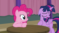 Size: 1920x1080 | Tagged: safe, screencap, pinkie pie, twilight sparkle, twilight sparkle (alicorn), alicorn, earth pony, pony, a trivial pursuit, apologetic, ashamed, duo, eyes closed, female, floppy ears, folded wings, frown, hoof on chest, hooves on the table, mare, messy mane, raised hoof