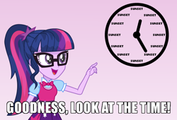 Size: 700x475 | Tagged: safe, artist:wawtoons, derpibooru import, sci-twi, twilight sparkle, twilight sparkle (alicorn), alicorn, equestria girls, bowtie, caption, clothes, glasses, image macro, implied lesbian, implied shipping, implied sunset shimmer, implied sunsetsparkle, look at the time, meme, my little pony logo, pointing, ponytail, skirt, text, vector