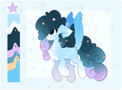 Size: 1818x1338 | Tagged: safe, artist:little-sketches, derpibooru import, oc, oc:stellar constellation, pegasus, pony, chest fluff, color palette, ear fluff, ethereal mane, eye clipping through hair, female, flying, reference sheet, starry mane, stars, two toned wings, wings