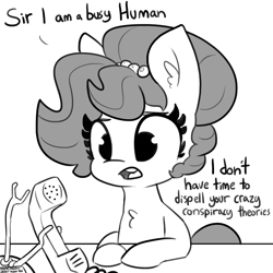 Size: 2250x2250 | Tagged: safe, artist:tjpones, derpibooru import, part of a set, oc, oc only, oc:brownie bun, earth pony, pony, chest fluff, dialogue, female, grayscale, mare, monochrome, open mouth, simple background, solo, telephone, white background