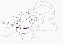 Size: 3660x2560 | Tagged: safe, artist:pabbley, derpibooru import, doctor fauna, earth pony, pony, ear fluff, eyes closed, female, lying down, mare, monochrome, onomatopoeia, sleeping, solo, sound effects, tongue out, zzz