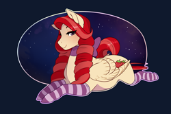 Size: 2731x1817 | Tagged: safe, artist:royvdhel-art, derpibooru import, oc, oc only, oc:strawberry summer, pegasus, pony, bow, clothes, commission, drill hair, female, looking at you, lying down, mare, prone, smiling, smiling at you, socks, solo, striped socks