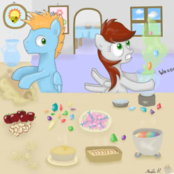 Size: 900x900 | Tagged: safe, artist:finnishgirl97, derpibooru import, oc, oc only, oc:coffee cup, oc:harmony star, alicorn, pegasus, alicorn oc, apple, apple slice, baking, blender (object), duo, female, food, gem, jam, male, mare, pie, rolling pin, stallion, zap apple, zap apple jam