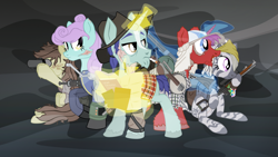 Size: 2600x1463 | Tagged: safe, artist:aaronmk, derpibooru import, oc, oc only, earth pony, pony, unicorn, zebra, fallout equestria, backpack, banjo, battle saddle, beads, binoculars, blaze (coat marking), book, braid, cigarette, clothes, group, gun, hat, levitation, machine gun, magic, map, musical instrument, pen, pipbuck, plaid, quadrupedal, rifle, sitting, smoking, telekinesis, vault suit, vector, weapon