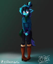 Size: 5000x6000 | Tagged: safe, artist:thedamneddarklyfox, derpibooru import, oc, oc:ice diamond, anthro, boots, clothes, female, scarf, shoes, shy, solo, sweater