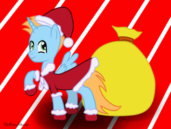 Size: 1200x900 | Tagged: safe, artist:thatponyuknow, derpibooru import, oc, oc only, oc:harmony star, alicorn, abstract background, alicorn oc, bag, christmas, clothes, costume, holiday, santa costume, solo