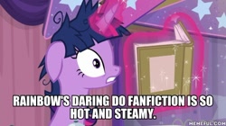 Size: 600x337 | Tagged: safe, derpibooru import, edit, edited screencap, screencap, twilight sparkle, twilight sparkle (alicorn), alicorn, a trivial pursuit, book, caption, floppy ears, image macro, meme, memeful.com, messy mane, text