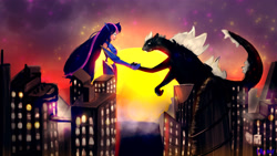 Size: 3840x2160 | Tagged: safe, artist:fav14, derpibooru import, twilight sparkle, human, kaiju, female, giantess, handshake, humanized, macro, magic gaia, superhero