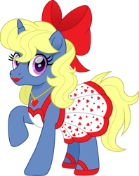 Size: 1280x1617 | Tagged: safe, artist:cloudyglow, derpibooru import, oc, oc:azure/sapphire, pony, unicorn, bow, clothes, crossdressing, dress, femboy, hair bow, heart, heart necklace, lipstick, makeup, male, raised hoof, red bow, shoes, simple background, transparent background