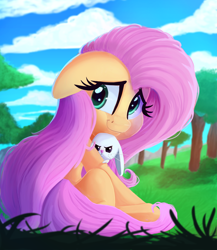 Size: 1734x2000 | Tagged: safe, artist:discorded, derpibooru import, angel bunny, fluttershy, pegasus, pony, angry, cute, digital art, female, floppy ears, hnnng, mare, shyabetes, smiling, tree