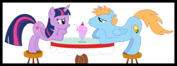 Size: 4002x1499 | Tagged: safe, artist:strumfreak, derpibooru import, twilight sparkle, twilight sparkle (alicorn), oc, oc:harmony star, alicorn, alicorn oc, canon x oc, female, looking at each other, male, milkshake, sharing a drink, shipping, simple background, straight, transparent background, twimony