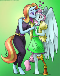 Size: 948x1200 | Tagged: safe, artist:kaemantis, derpibooru import, kerfuffle, sassy saddles, anthro, pegasus, unguligrade anthro, unicorn, rainbow roadtrip, amputee, belt, blushing, clothes, commission, dress, ear piercing, eyes closed, female, heart, holding hands, kersassy, kissing, lesbian, mare, pants, piercing, pincushion, prosthetic leg, prosthetic limb, prosthetics