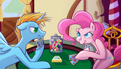 Size: 3252x1843 | Tagged: safe, artist:bunnimation, derpibooru import, pinkie pie, oc, oc:harmony star, alicorn, earth pony, pony, alicorn oc, candy, card, card game, chair, female, food, gumball, hoof hold, male, mare, playing, sitting, stallion, table, tabletop game, underhoof