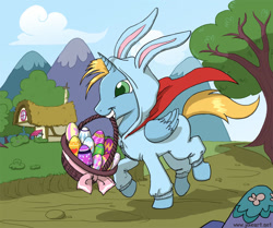 Size: 900x754 | Tagged: safe, artist:joieart, derpibooru import, oc, oc:harmony star, alicorn, alicorn oc, animal costume, basket, bunny costume, clothes, costume, easter bunny, easter egg, kigurumi, mouth hold