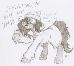 Size: 1041x932 | Tagged: safe, artist:ravenpuff, derpibooru import, oc, oc:flux chord, pony, chester a. bum, clothes, cosplay, costume, male, monochrome, solo, stallion, traditional art