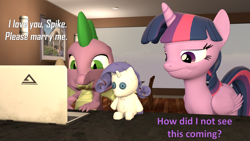 Size: 1920x1080 | Tagged: safe, artist:red4567, derpibooru import, rarity, spike, twilight sparkle, twilight sparkle (alicorn), alicorn, dragon, pony, unicorn, 3d, computer, female, laptop computer, male, rarity plushie, shipping, source filmmaker, sparity, straight