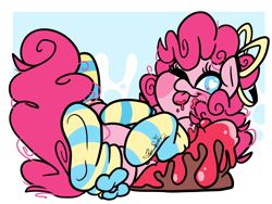 Size: 4000x3000 | Tagged: safe, artist:befishproductions, derpibooru import, pinkie pie, earth pony, pony, clothes, cute, diapinkes, food, one eye closed, socks, solo, striped socks, tongue out, wingding eyes, wink