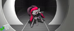 Size: 2048x858 | Tagged: safe, artist:alope ruby aspendale, derpibooru import, oc, oc:discordant storm, pegasus, 3d, collar, cute, female, gray coat, inside, mare, pegasus oc, red eyes, red mane, solo, source filmmaker, wings