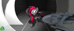 Size: 2048x858 | Tagged: safe, artist:alope ruby aspendale, derpibooru import, oc, oc:discordant storm, pegasus, 3d, cute, female, gray coat, inside, mare, red and black oc, red eyes, red mane, solo, source filmmaker, star trek, star trek ii: the wrath of khan, starship, why, wings