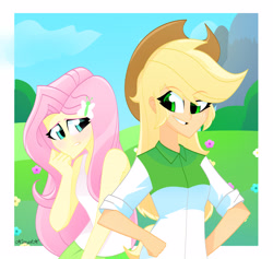 Size: 3448x3264 | Tagged: safe, artist:xan-gelx, derpibooru import, applejack, fluttershy, equestria girls, blushing, clothes, cowboy hat, female, hat, redraw, remake, smiling, stetson, tanktop