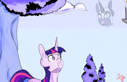 Size: 2448x1584 | Tagged: safe, artist:jojohernandez, derpibooru import, nightmare moon, twilight sparkle, alicorn, pony, unicorn, friendship is magic, cloud, februpony, female, mare, outdoors, tree