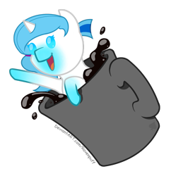 Size: 1280x1324 | Tagged: safe, artist:ravenpuff, derpibooru import, oc, oc:chaussandra blue, pony, unicorn, chibi, coffee, female, mare, simple background, solo, transparent background