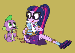 Size: 1370x965 | Tagged: safe, artist:bugssonicx, derpibooru import, sci-twi, spike, spike the regular dog, twilight sparkle, dog, better together, equestria girls, bowtie, clothes, collar, cute, female, glasses, gold background, ponytail, rope, shoes, skirt, socks, spikabetes, tied, twiabetes, untying