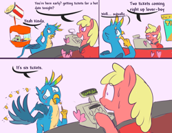 Size: 3099x2403 | Tagged: safe, artist:skunkstripe, derpibooru import, gallus, griffon, pony, blushing, cash register, comic, dialogue, gallus gets all the creatures, hearts and hooves day, holiday, implied shipping, polyamory, student six omniship, valentine's day