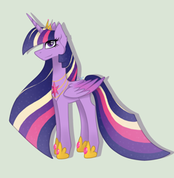 Size: 1200x1228 | Tagged: safe, artist:brendalobinha, derpibooru import, twilight sparkle, twilight sparkle (alicorn), alicorn, pony, colored wings, crown, ear fluff, female, gradient wings, gray background, jewelry, looking at you, mare, rainbow power, regalia, simple background, solo, wings