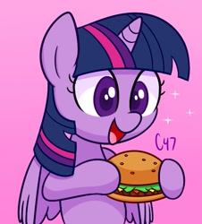 Size: 543x600 | Tagged: safe, artist:handgunboi, derpibooru import, twilight sparkle, twilight sparkle (alicorn), alicorn, pony, burger, cute, female, food, happy, mare, meat, simple background, solo, that pony sure does love burgers, twiabetes, twilight burgkle